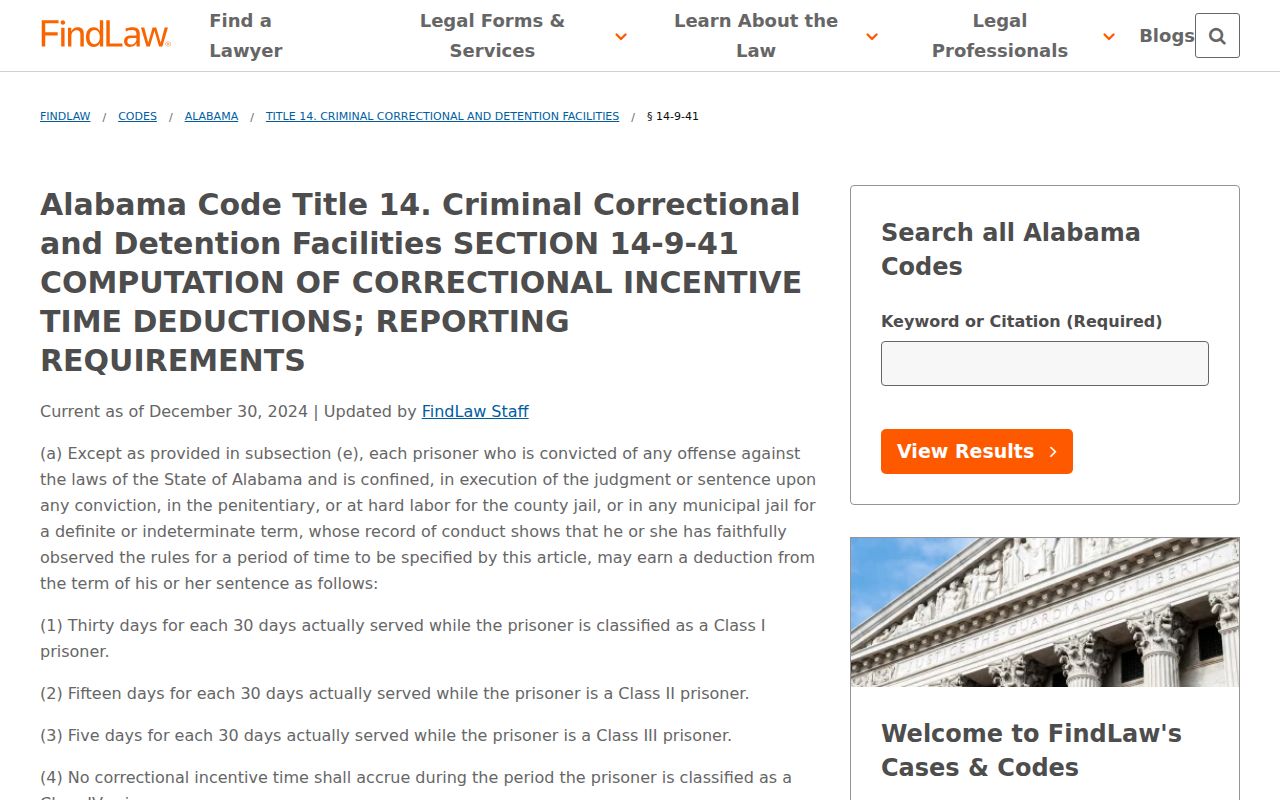 Alabama correctional incentive time statute for Marshall County release date computation