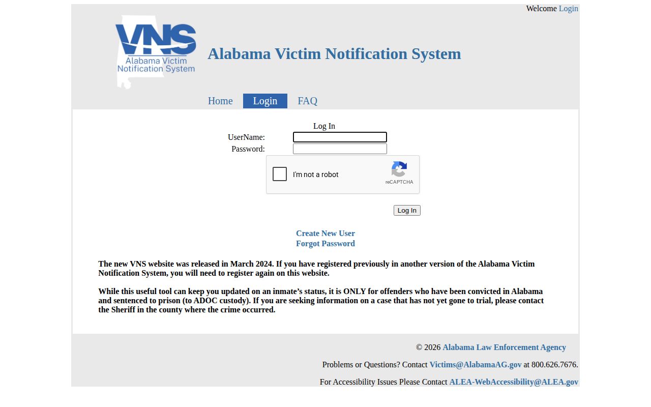 Alabama VNS login page for Marshall County VINELink inmate check