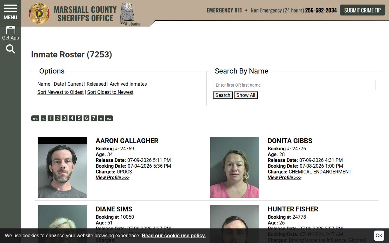 Marshall County 24 hour release list pagination on released roster