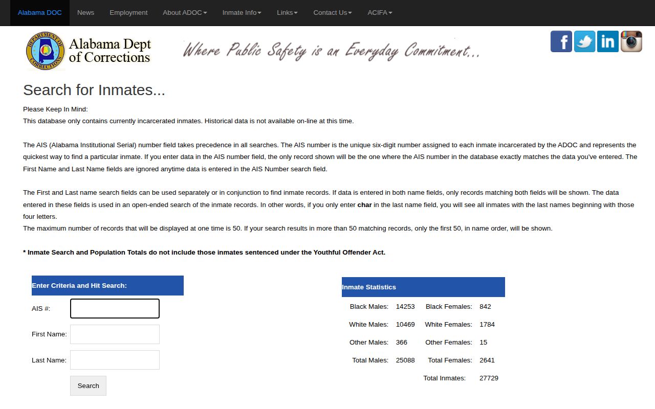 Alabama Department of Corrections current inmate search limitation for Marshall County release lookup