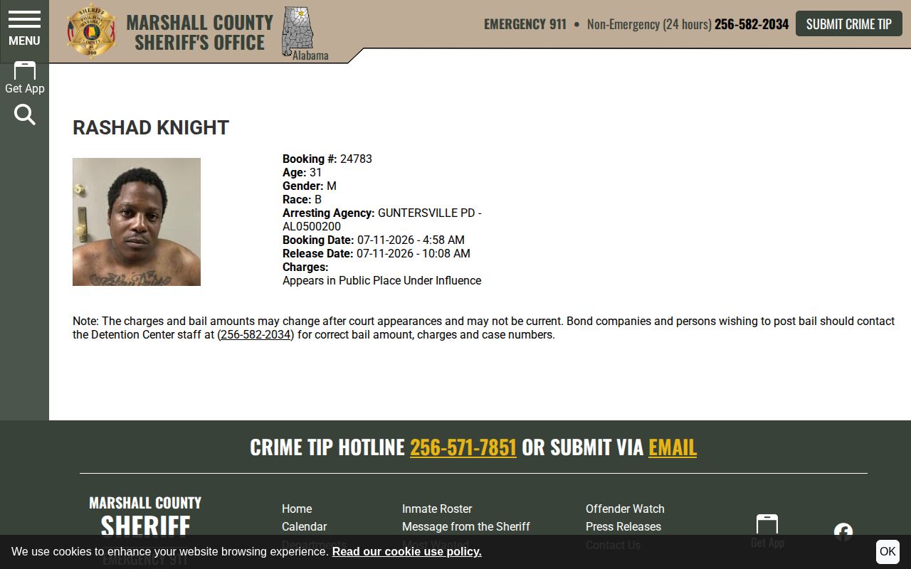 Marshall County released inmate mugshot sample profile with booking photo and release date