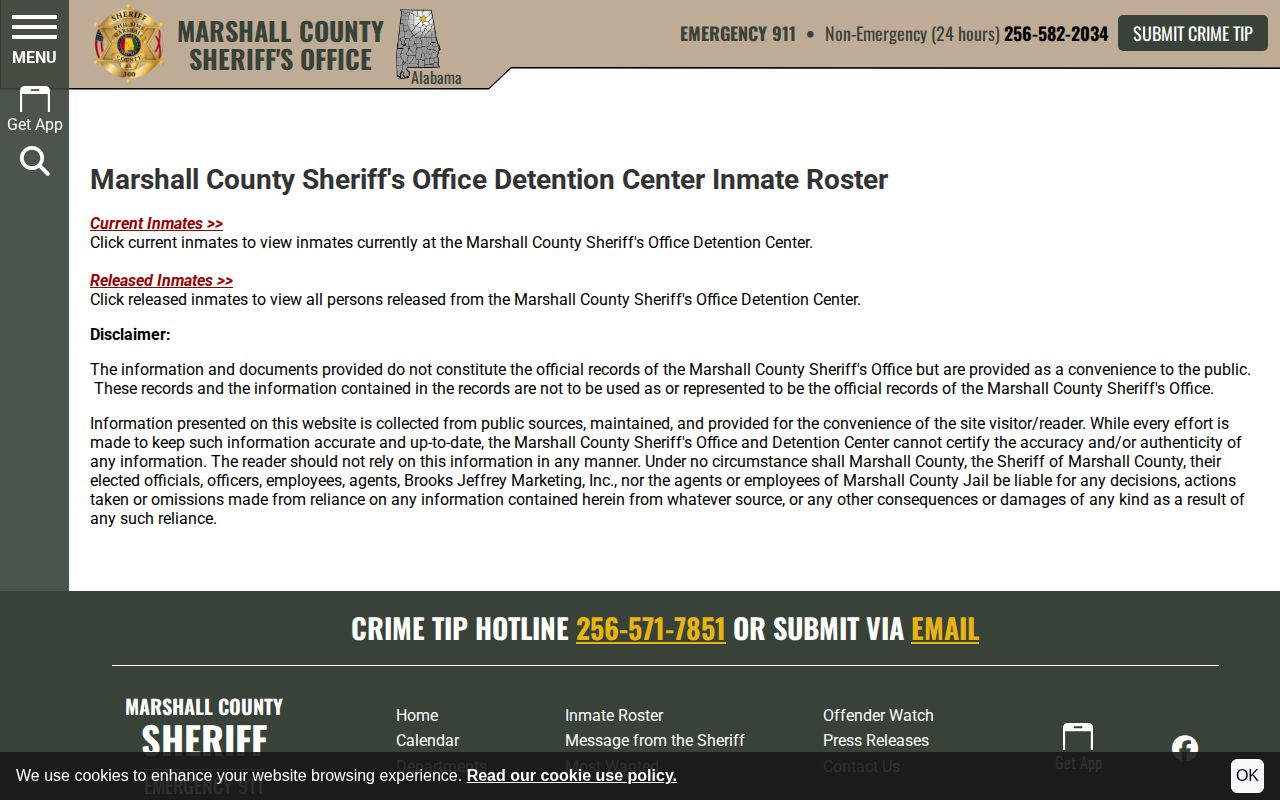 Marshall County released inmates roster disclaimer and current versus released links